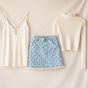 Coquette Prep Denim Mini Skirt, Ribbed Top & Sleek Crisscross Cami Set (XS/S)